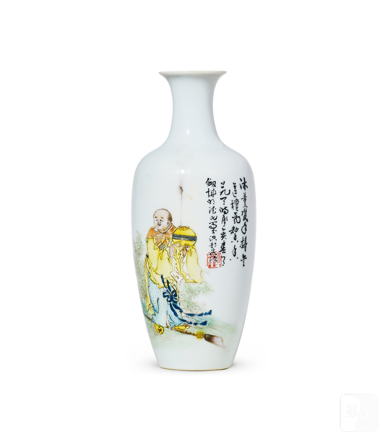 民国 粉彩人物诗文小瓶